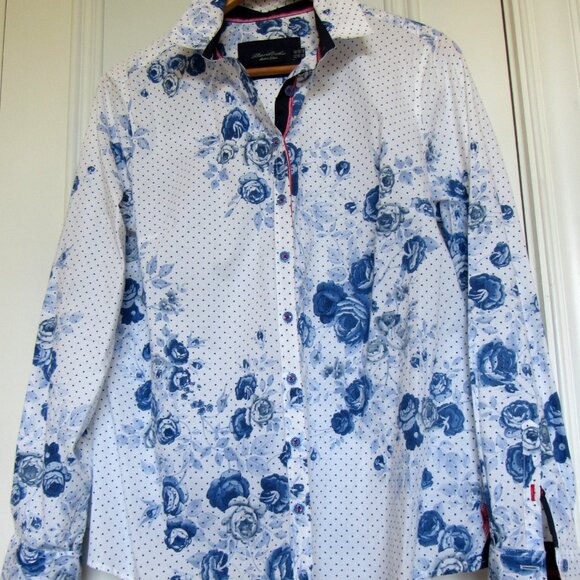 BARILOCHE Spain Navy White Floral Button Up Blouse Size ES 48 / FR 46 - Picture 1 of 11